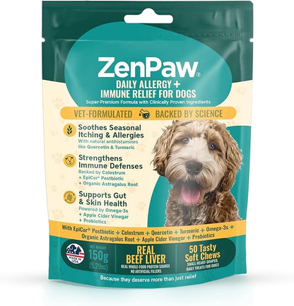 Daily Allergy + Immune Relief Dog Supplement Chews with Probiotics & Omega-3s for Itchy Skin and Ears, 50 Tasty Beef Liver Soft Chews for Dog Allergy Relief