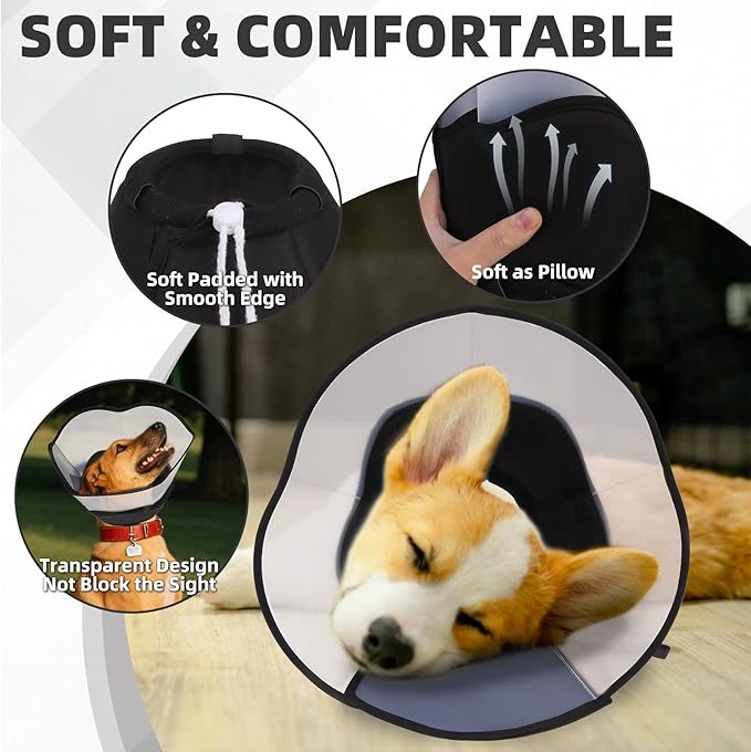 PUPTECK Soft Dog Cone Collar, Adjustable Pet Cone for Dogs to Stop Licking, After Surgery Elizabethan Recovery Dog Neck Collar Alternative, for Small Medium Large Dogs, Black M