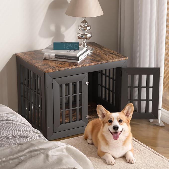 Snuowu 32" Heavy Duty Dog Crate Furniture for Small,Medium and Large Dogs,Rustic Wooden Dog Cage Kennel Indoor Furniture with Waterproof Top,Decorative Pet House Side End Table (Black & Wood)