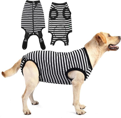 Dog Recovery Suit,Surgery Female Spay Shirt,Male Recovery Clothes,Zipper Closure Cotton Striped Wounds Protect Suit,Black Striped Large