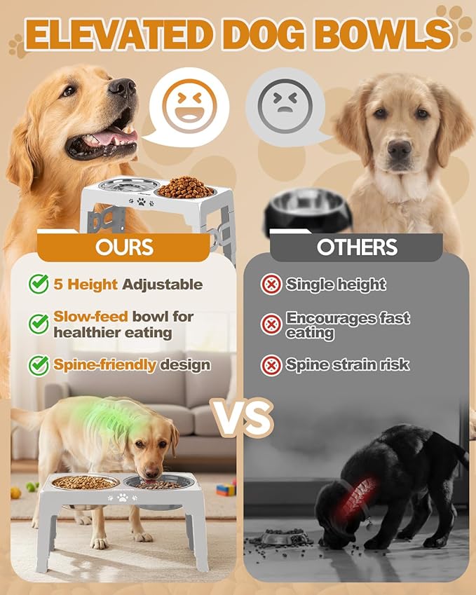 Jovrun Elevated Dog Bowls for Medium Large Size Dogs, Non-Slip Dog Feeder with 1*Stainless Steel Dishes & 1*Slow Feeder Bowl, 5 Heights Adjustable Raised Bowls to 3.15″-8.66″-9.84″-11.02″-12.2″