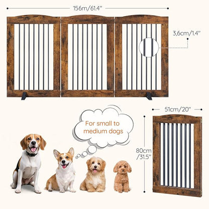 HOOBRO Indoor Dog Gate with Support Feet, Freestanding Pet Gate for Doorway, Stairs, 31.5 Inch 3 Panels, Folding Dog Fence, 360° Hinge for Easy Access, Sturdy Iron Pipe, Rustic Brown BF06PP03