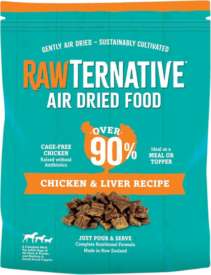 RawTernative Air Dried Dog Food, High Protein, Over 90% Real Chicken & Liver + New Zealand Green Mussels, Complete Meal or Topper, Grain Free, Gluten Free, Non GMO, (5 oz Bag)