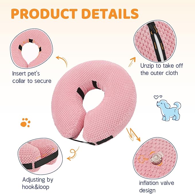 Supet Inflatable Dog Cone Collar for Dogs to Stop Licking, Dog Donut Collar After Surgery, Soft Pet Cone for Small Medium Large Dogs Pink 02 L