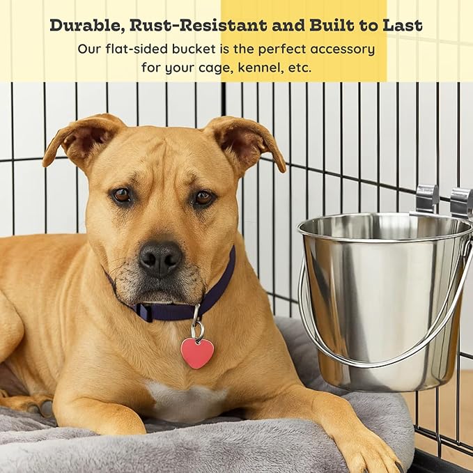 6 quart Stainless Steel Flat Sided Bucket with Dual Hooks | 1.5 gal Durable Food & Water Bowl for XL Dog Goat Sheep & Livestock | Fits kennel Cage Critter Crate | Hanging Utility Pet Pail