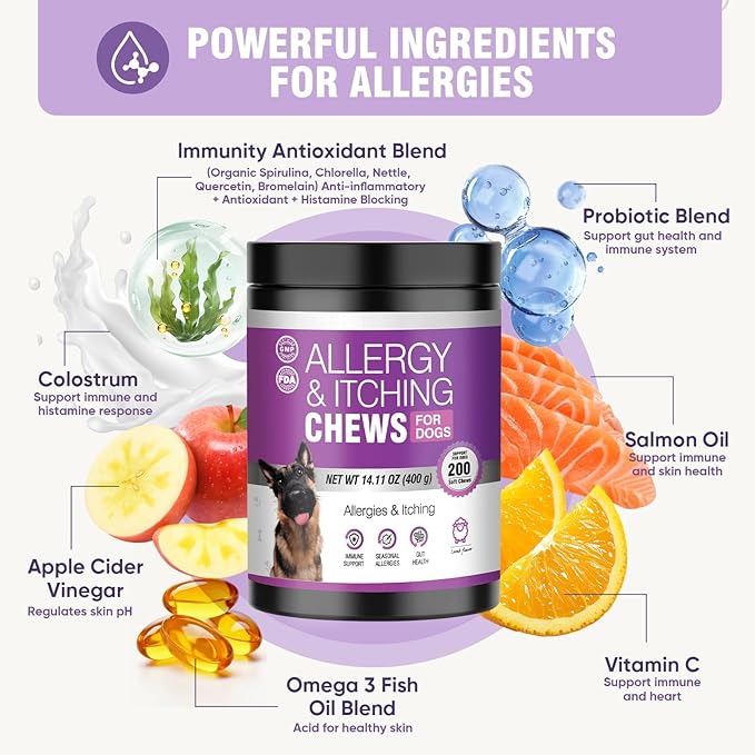 Dog Allergy Chews 200ct - Dog Allergy and Itching Skin Relief Anti Itch Aller Immune Bites for Dogs licking Paws Treatment Relief Itchy Chew Probiotics Vitamins for Skin and Coat Allergies - Lamb
