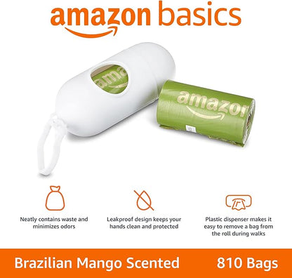 Amazon Basics Premium Leak Proof Dog Poop Bags with Dispenser and Leash Clip, Brazilian Mango Scented, 13" x 9", 810 Count (54 Rolls of 15)