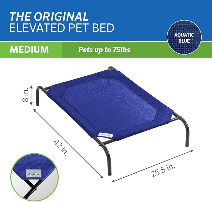Coolaroo Original Elevated Dog Bed - Breathable Off-The-Ground Pet Bed with Cooling Fabric, Joint Relief & Moisture-Resistant Fabric, 100% Recyclable, Easy Clean, Aquatic Blue, Medium