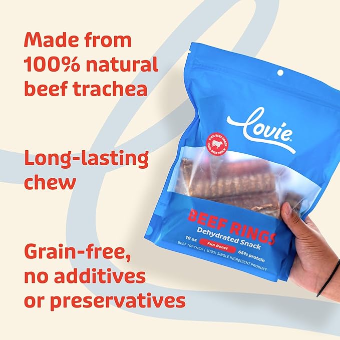 Lovie Beef Lung Dog Treats - Dehydrated Air Dried Soft Bites, Single Ingredient, Protein Rich, 16 oz (Beef Rings)