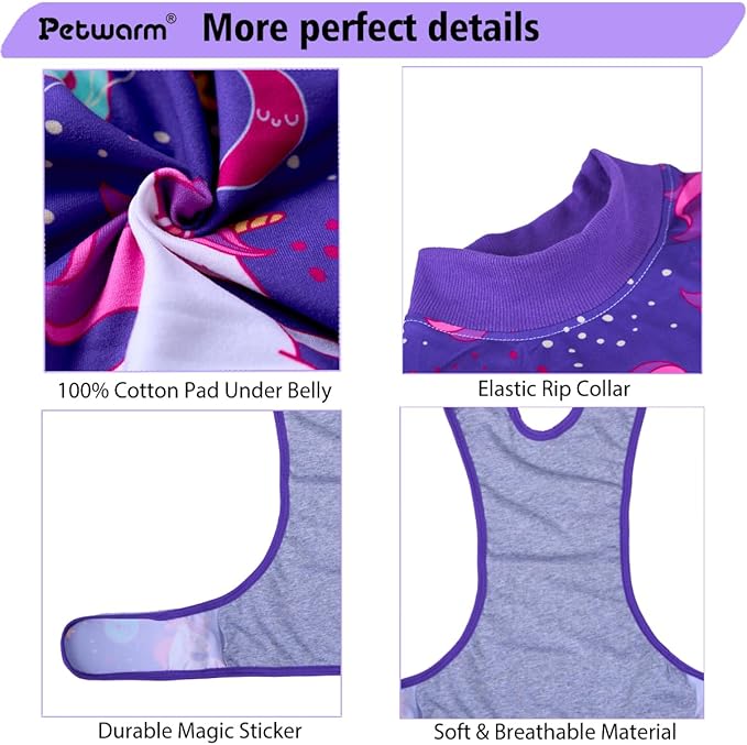 PetWarm Dog Onesie for Surgery Male, Dog Surgical Recovery Suit, Spay and Neuter, Prevents Licking After Surgery Onesie, Pet Recovery Suit for Dogs, Unicorn Pattern, Purple, L