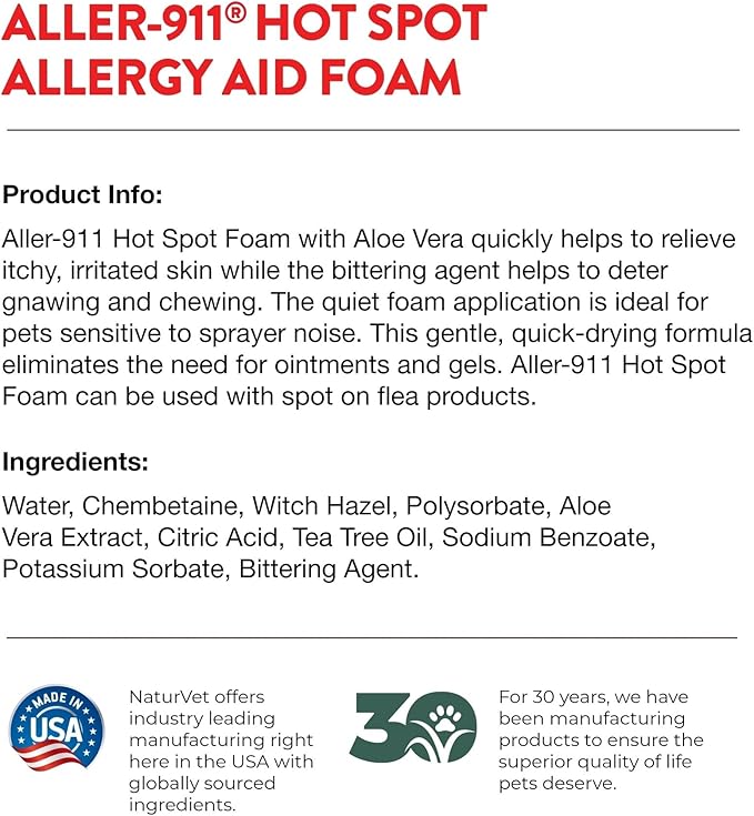 NaturVet Aller-911 Hot Spot Allergy Aid Foam Pet Supplement Plus Aloe Vera – Helps to Relieve Irritated, Itchy Skin for Cats, Dogs – Helps Deter Gnawing, Chewing – Quick Drying – 8 Oz.