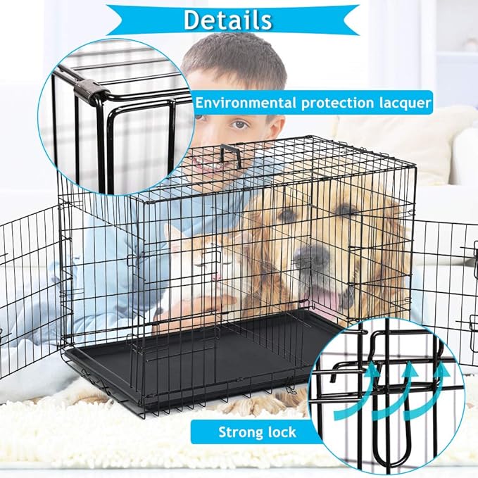 Dog Crate for Large Medium Dogs Folding Dog Kennel Cage with Plastic Tray & Divider 48" Indoor Outdoor Metal Double Door Pet Playpen Heavy Duty Dog Pen Enclosure Black