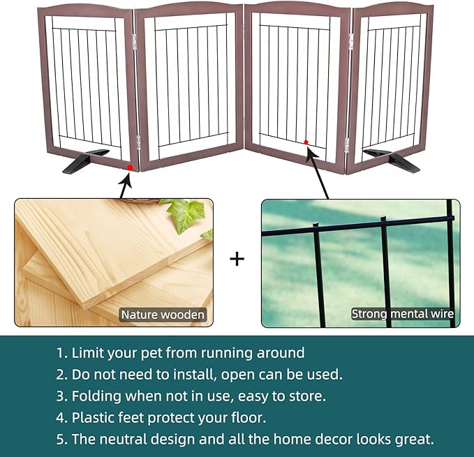 ZJSF Freestanding Dog Fence Indoor, Foldable Dog Gate for Doorways, Stairs or Hallways, Sturdy Wood Extra Wide Pet Gate with Support Feet for The House, Brown, 24 "Height-4 Panels