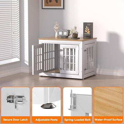 Snuowu 32" Heavy Duty Dog Crate Furniture for Small,Medium and Large Dogs,Rustic Wooden Dog Cage Kennel Indoor Furniture with Waterproof Top,Decorative Pet House Side End Table (White & Wood)