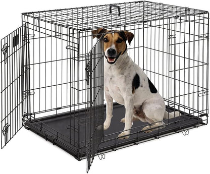 Dopinmin Large Dog Crate 42 Inches Double Door Pet Crate Folding Metal Wire Dog Cage with Divider Panel Leak-Proof Plastic Pan Indoor Outdoor Pet Crates for Medium and Large Breed Pet Animals Black
