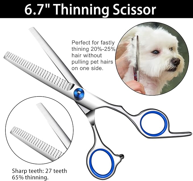 Dog Grooming scissors Kit,Includes Curved Thinning straight scissors,Comb,Grooming nail clipers,Nail Trimmer,Dog Grooming Scissors with Safety Round Tips,pet Grooming kit for Small Dogs&Puppies