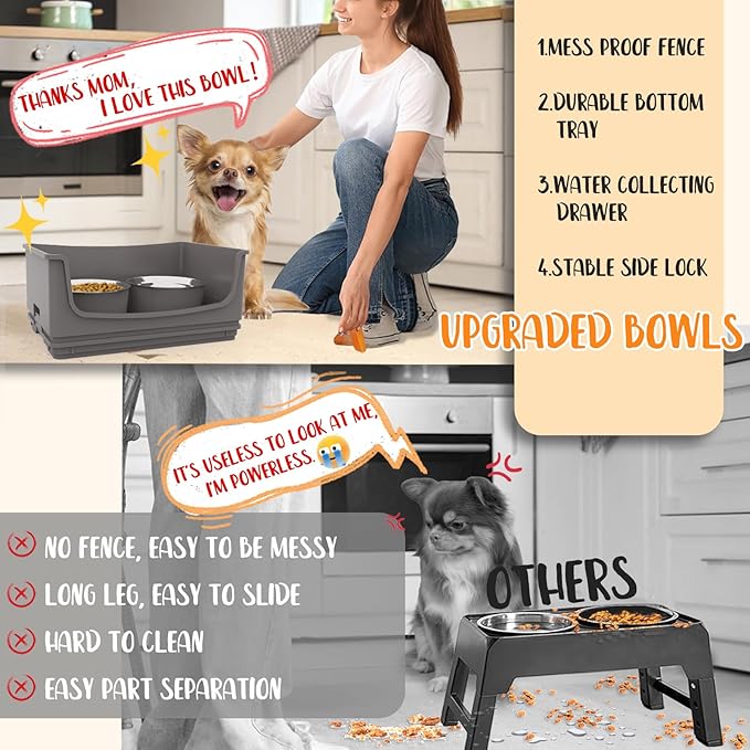 Elevated Dog Bowl Stand Set,Quiet Eating Mess Proof Raised Dog Bowls 2 Stainless Steel Food Bowls,Splash Water Collection Non-Slip Small Cat Feeding Table
