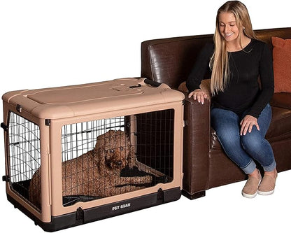 Pet Gear “The Other Door” 4 Door Steel Crate for Dogs/Cats with Garage-Style Door, Includes Plush Bed + Travel Bag, No Tools Required, New Tan, 36 Inch