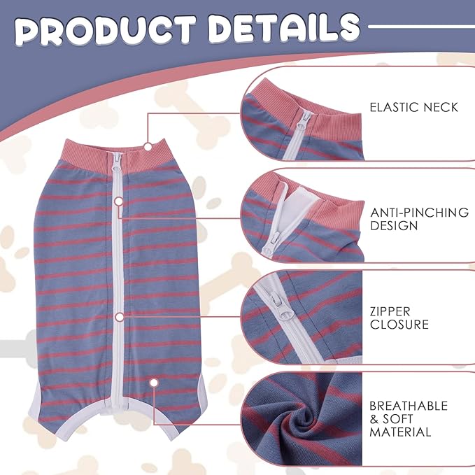 Dog Recovery Suit, Puppy Surgical Pajamas Bodysuit for Dogs Cats After Spay Neuter Surgery Abdominal Wound Bandages, Striped Onesie Pant for Shedding Skin Disease, Anti-Licking Cone Alternative XS
