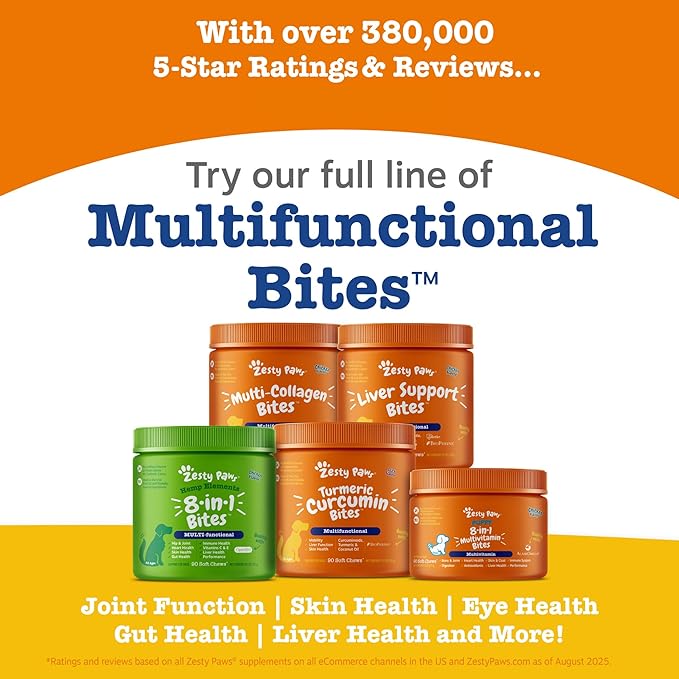 Zesty Paws Multivitamin Treats for Dogs, Glucosamine Chondroitin Joint Support + Digestive Enzymes & Probiotics, Grain Free Dog Vitamins and Supplements for Skin & Coat, Peanut Butter - 90ct