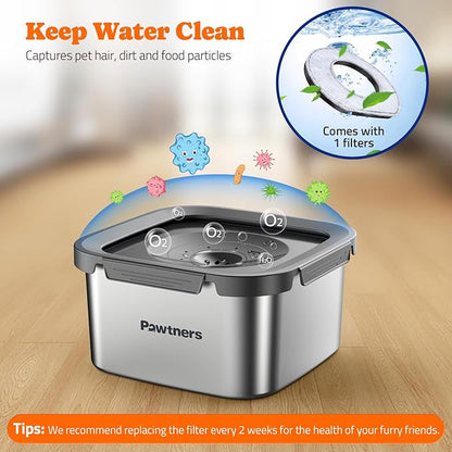Pawtners Dog Water Bowl No Spill, 152oz/4.5L Stainless Steel Dog Floating Bowl, Slow Water Bowl for Dog with Filter, Non-Slip Base, No Splash Water Bowl for Medium Large Messy Drinkers Grey