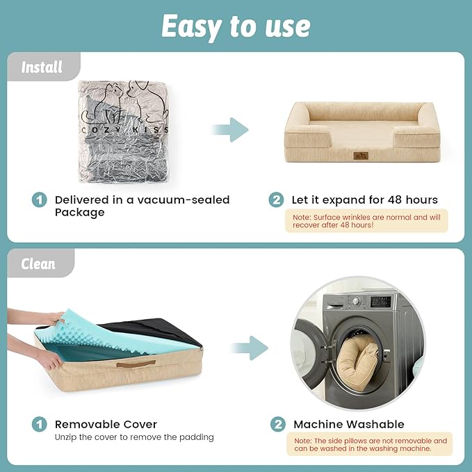 Cooling Dog Bed for Extra Large Dogs, Q-Max >0.4 Summer Cool Orthopedic Foam Pet Sofa Bed with Sides, Bolster Anti-Slip Couch with Washable Removable Cover, XXL 48x35x7.5 inch, Beige