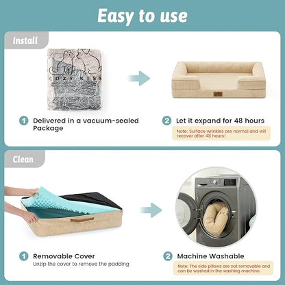 Cooling Dog Bed for Large Medium Size Dogs, Q-Max >0.4 Summer Cool Orthopedic Foam Pet Sofa Bed with Sides, Bolster Anti-Slip Couch with Washable Removable Cover, L 36x27x6.5 inch, Beige