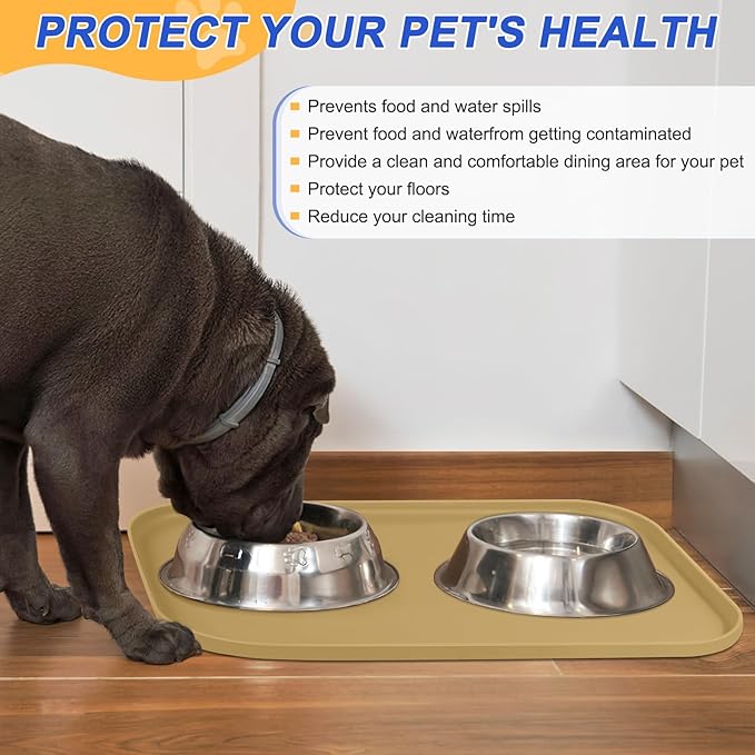 SMILOOL Silicone Pet Feeding Mat with Raised Edge for Food and Water, Dog Bowl Mats, Cat Bowls Placemat with High Lip for Floor Waterproof, Rubber Tray for Cats and Dogs 24 x 16 x0.8 Dark Beige