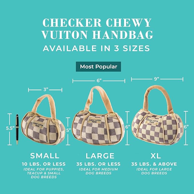 Haute Diggity Dog Chewy Vuiton Handbag Plush Squeaky Dog Toy, Soft Durable Designer-Inspired Stuffed Puppy Chew Toys for Small & Medium Dogs, Machine-Washable (Tan Checker) Large