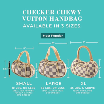 Haute Diggity Dog Chewy Vuiton Handbag Plush Squeaky Dog Toy, Soft Durable Designer-Inspired Stuffed Puppy Chew Toys for Small & Medium Dogs, Machine-Washable (Tan Checker) Large
