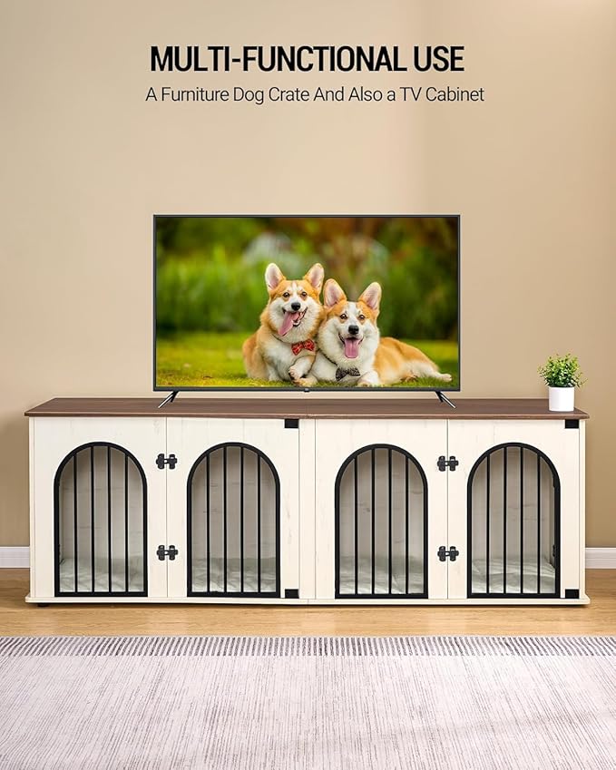Hzuaneri 71" Dog Crate Furniture for 2 Dogs, Heavy Duty Indoor Dog Kennel TV Stand, XL Wooden Dog Cage with Divider for Medium Large Dogs, End Table Dog Crate with Cushion, White Brown DFC81914B