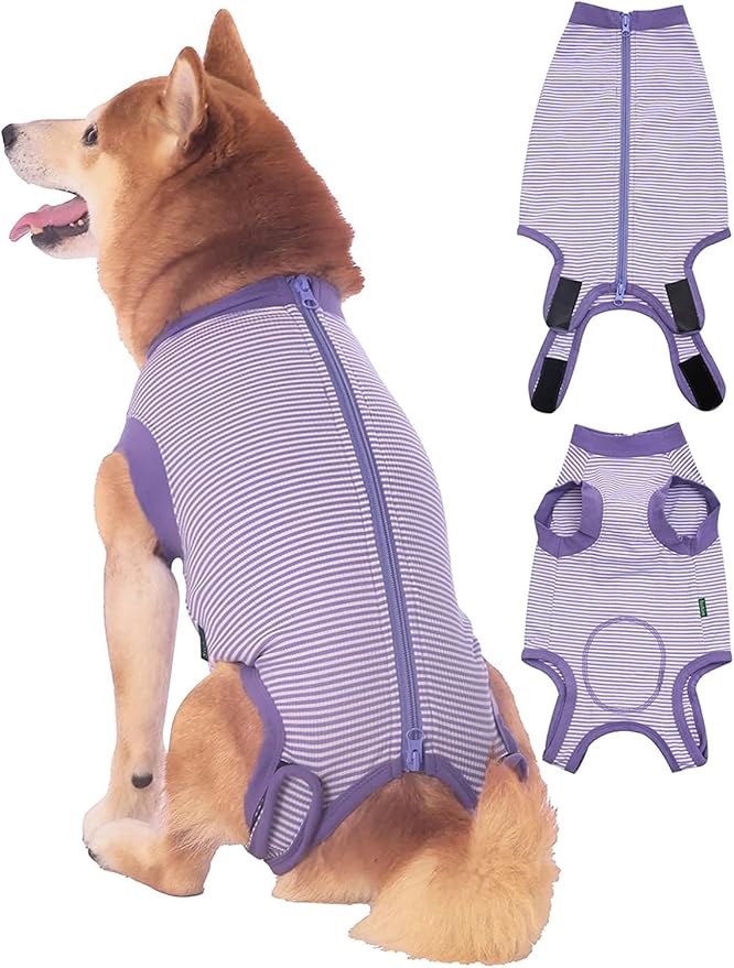 Dog Recovery Suit Purple Female Spay Surgical Medium Shirt, Male Surgery Recovery Suit,Purple-White Striped M