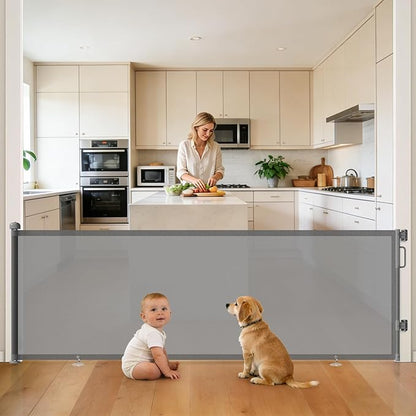96" Retractable Baby Gates Large Openings, Extra Wide Mesh Dog Gate for Garage Deck Porch, Strong Suction Disc Prevent Crawling Under, 34" Tall Long Safety Gate for Child Indoor Outdoor, Gray