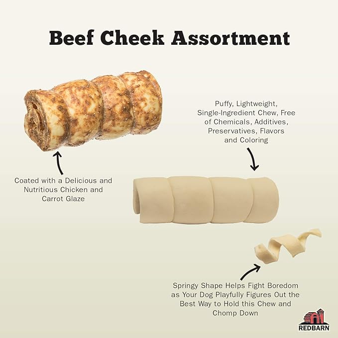 Redbarn Pet Products All-Natural Large Beef Cheek Rolls for Dogs, Uncoated - Single Ingredient Grain-Free Chew Treat Naturally Rich in Collagen - No Artificial Preservatives - Pack of 12