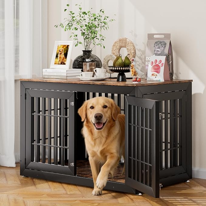 Snuowu 48" Heavy Duty Dog Crate Furniture for Small,Medium and Large Dogs,Rustic Wooden Dog Cage Kennel Indoor Furniture with Waterproof Top,Decorative Pet House Side End Table (Black & Wood)