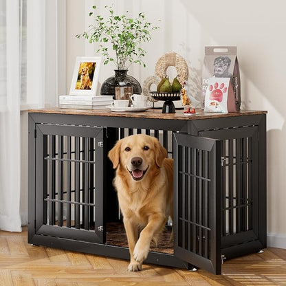 Snuowu 48" Heavy Duty Dog Crate Furniture for Small,Medium and Large Dogs,Rustic Wooden Dog Cage Kennel Indoor Furniture with Waterproof Top,Decorative Pet House Side End Table (Black & Wood)