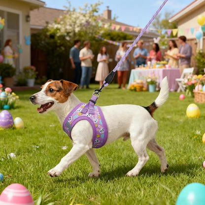 BEAUTYZOO Easter Dog Harness and Leash Set,Step in No Choke No Pull Soft Mesh Dog Harnesses Reflective for XSmall/Small Puppy Dogs Cats, Cute Coloful Egg Dog Vest for Outdoor Walking,Purple XS