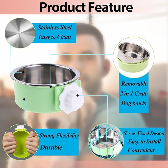 Mechpia 2 Pieces Crate Dog Bowl, Removable Stainless Steel Pet Kennel Hanging Food Water Feeder Bowl Cage Coop Cup for Puppy Medium Dog Cat Rabbit Ferret Bird (Blue,Red)