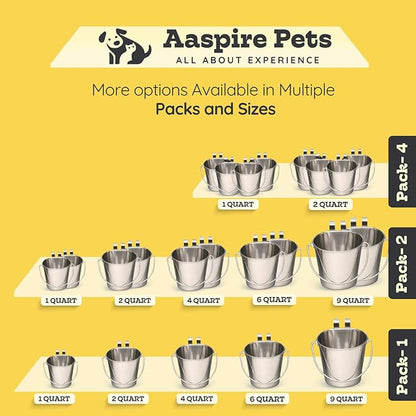 4 Quart Stainless Steel Flat Sided Bucket with Dual Hooks | 2 Pcs Durable Food & Water Bowl for Dogs Cats Goat & Livestock | Fits kennel Cage Critter Crate Hanging Pet Pail | Multipurpose