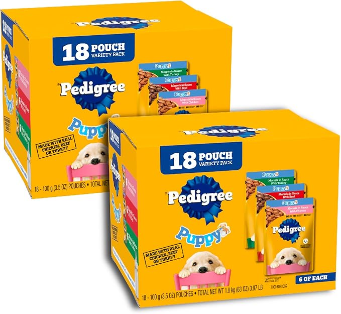 Pedigree Puppy Food Morsels in Sauce, Wet Dog Food Pouches Variety Pack, 3.5 oz. Pouches, 18 Count (Pack of 2)