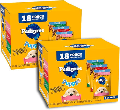Pedigree Puppy Food Morsels in Sauce, Wet Dog Food Pouches Variety Pack, 3.5 oz. Pouches, 18 Count (Pack of 2)