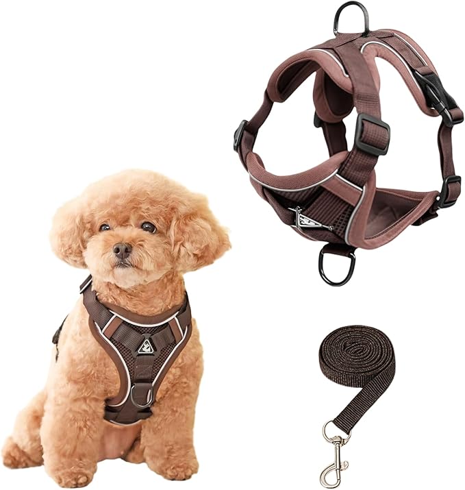 SOLMOONY Small Dog Harness,Soft Mesh Puppy Harness and Leash Set,No Escape Cat Harnesses for Training Walking,Reflective Adjustable Puppy Vest for Small Medium Dogs, Cats (Brown, L)
