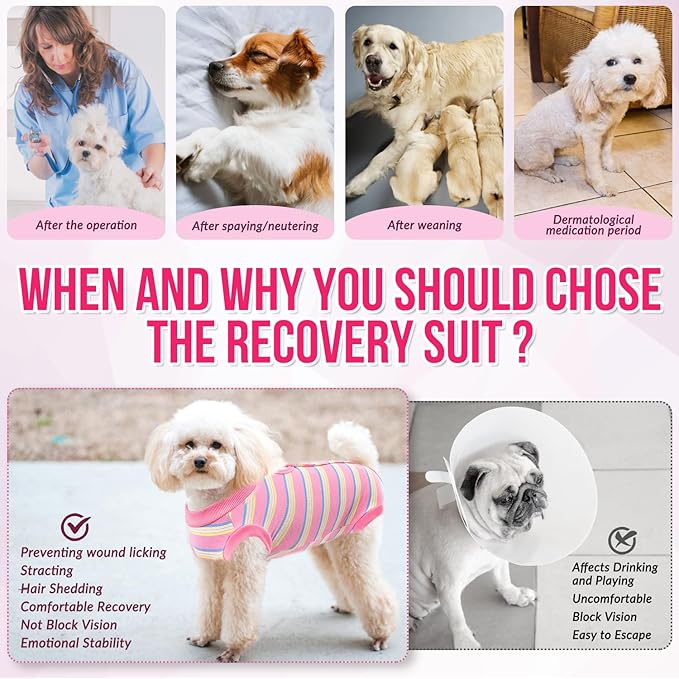 Lukovee Recovery Suit for Dogs, Onesie Surgery Recovery Suit for Female Male Dogs, Abdominal Wounds Cone E-Collar Alternative Prevent Licking Spay Recovery Suit (Pink Stripes,XXL)