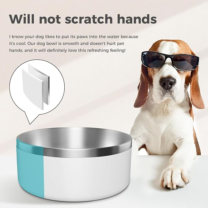 WENBOKMIN Dog Bowl, Stainless Steel Dog Food and Water Bowl with Non Slip Quiet Bottom, Easy to Clean, Dishwasher Safe, 64oz, White