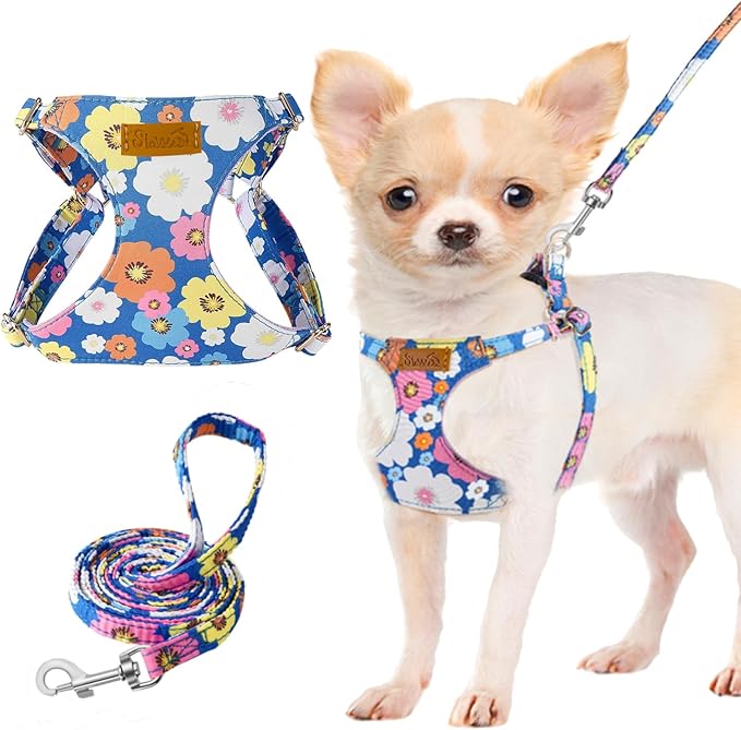 Lukovee Puppy Harness and Leash Set, No Pull Lightweight Soft Suede Adjustable Pet Harness Vest with Snap Buckle for Puppy Small and Medium Size Dog (Blue Flower, XXS)