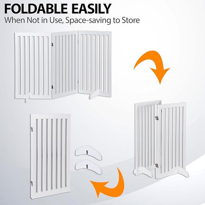 Freestanding Pet Dog Gate 36 Inch Foldable Fence Indoor 3 Panel Extra Wide Wooden Dog Door for Stairs Hallways Doorways