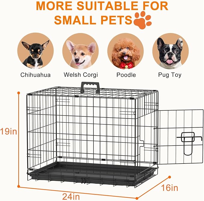 FDW 24inch Dog Crate Pet Cage with Metal Folding Design Plastic Tray Indoor Outdoor Dog Kennel Cage for Small Dogs,Black