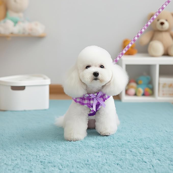 EXPAWLORER Cute Dog Harness Collar Leash Set - Purple Girl Dog Harness Checkered Step-in Design, Detachable Bow Pet Collar, Adjustable No-Choke Lightweight Mesh Vest for Cats Puppy Small Dogs, S