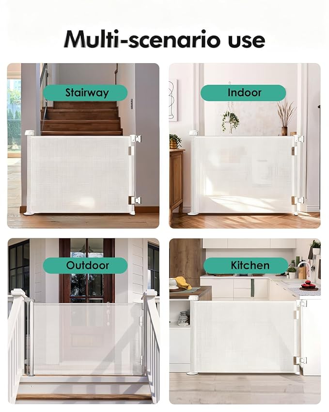 2PCS Retractable Baby Gates, Mesh Dog Gate for Doorways, 33.6" Tall, Expands to 55" Wide,Pet Safety Essential Fit for Baseboards, Wide Toddlers Gates for Hallways, Indoor & Outdoor,White