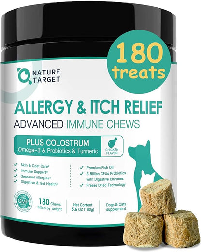NATURE TARGET Dog Allergy Chews - Dog Allergy Relief for Itchy Skin, Hot Spots & Paw Licking - with Probiotics, Colostrum & Omega 3 - Immune Support Dog Treats, 180 Freeze Dried Chews